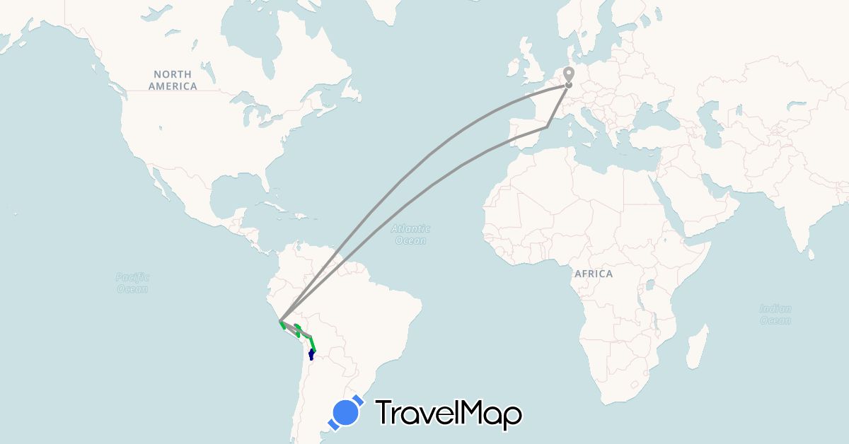 TravelMap itinerary: driving, bus, plane, train, hiking, boat in Bolivia, Germany, Spain, Peru (Europe, South America)