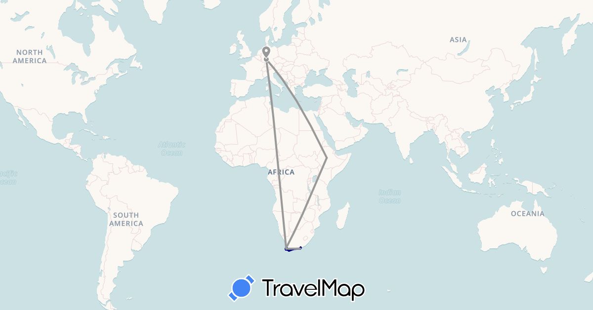 TravelMap itinerary: driving, plane, hiking in Germany, Ethiopia, South Africa (Africa, Europe)