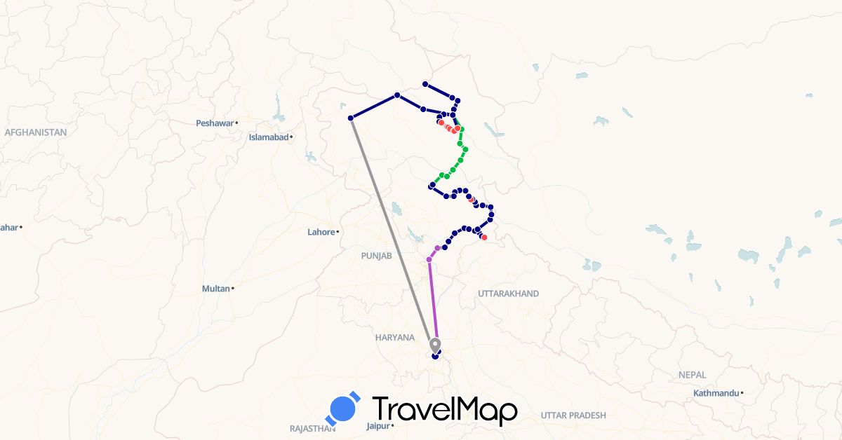 TravelMap itinerary: driving, bus, plane, train, hiking in India (Asia)