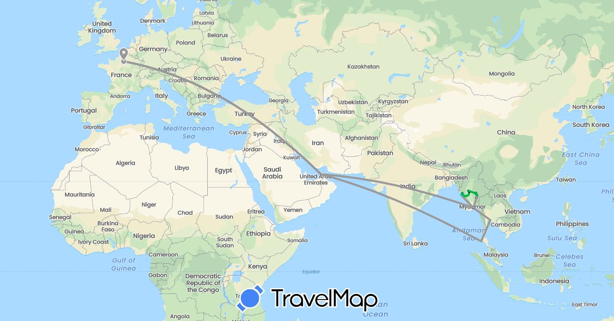 TravelMap itinerary: driving, bus, plane, cycling, hiking, boat, motorbike in United Arab Emirates, France, Myanmar (Burma), Thailand (Asia, Europe)