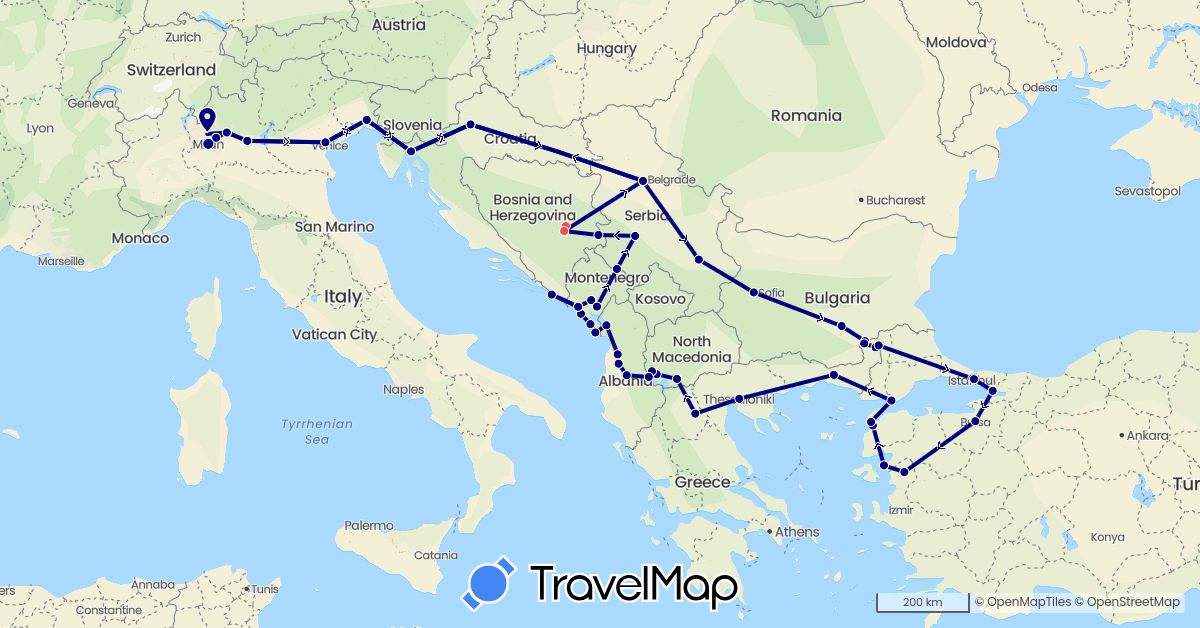 TravelMap itinerary: driving, hiking in Albania, Bosnia and Herzegovina, Bulgaria, Greece, Croatia, Italy, Montenegro, Macedonia, Serbia, Turkey (Asia, Europe)