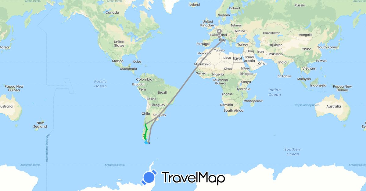 TravelMap itinerary: driving, bus, plane, cycling, hiking, boat in Argentina, Chile, Italy (Europe, South America)