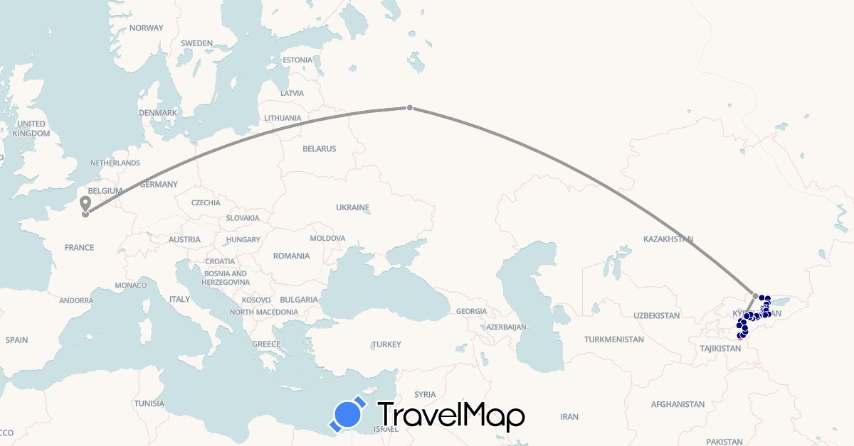 TravelMap itinerary: driving, plane, hiking in France, Kyrgyzstan, Russia (Asia, Europe)