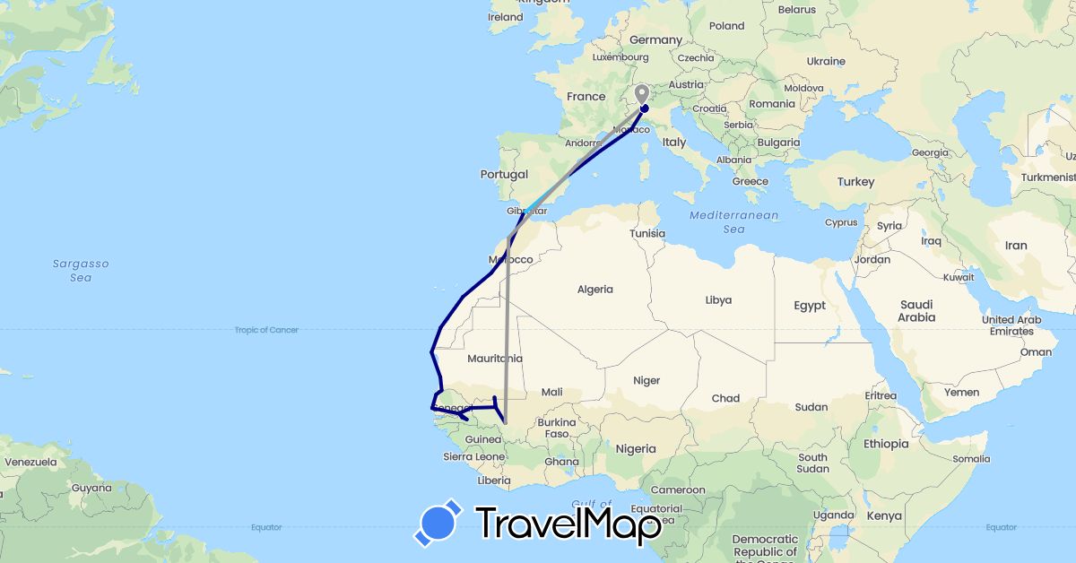 TravelMap itinerary: driving, plane, boat in Spain, Italy, Morocco, Monaco, Mali, Mauritania, Senegal (Africa, Europe)
