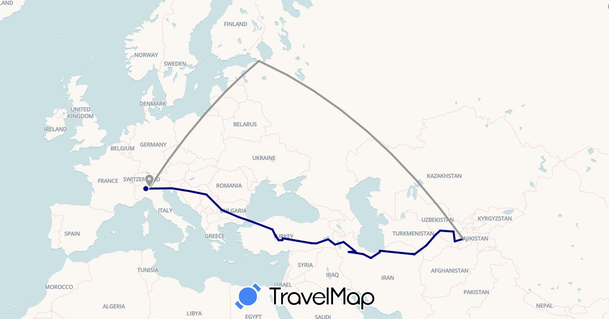 TravelMap itinerary: driving, plane in Bulgaria, Iran, Italy, Latvia, Serbia, Russia, Slovenia, Tajikistan, Turkmenistan, Turkey, Uzbekistan (Asia, Europe)